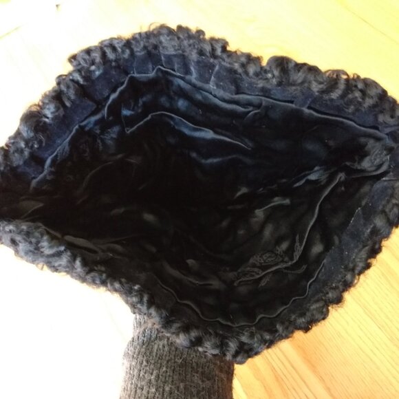 Vintage Curly Lamb Fur Hat Black Winter Garrison Cap XS - Picture 5 of 14